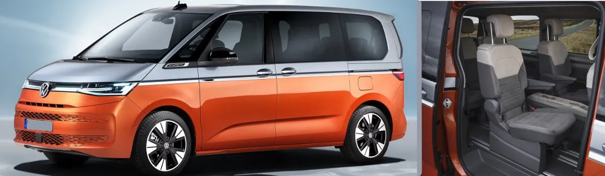 Volkswagen Multivan naranja. A la derecha, su interior 