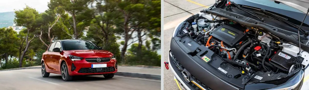 Opel Corsa rojo en la carretera y su motor 