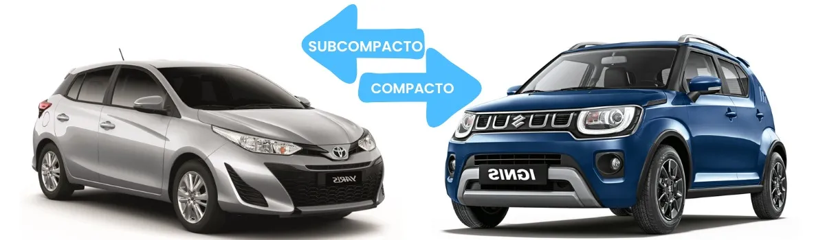 A la izquierda, crossover subcompacto Toyota Yaris gris de perfil. A la derecha, Suzuki Ignis crossover compacto azul de perfil. 